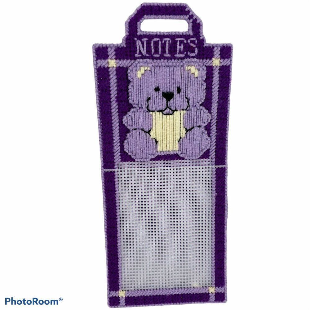 Vtg Plastic Canvas Purple Bear Hanging Note Holder Yarn Embroidery Kawaii Mail